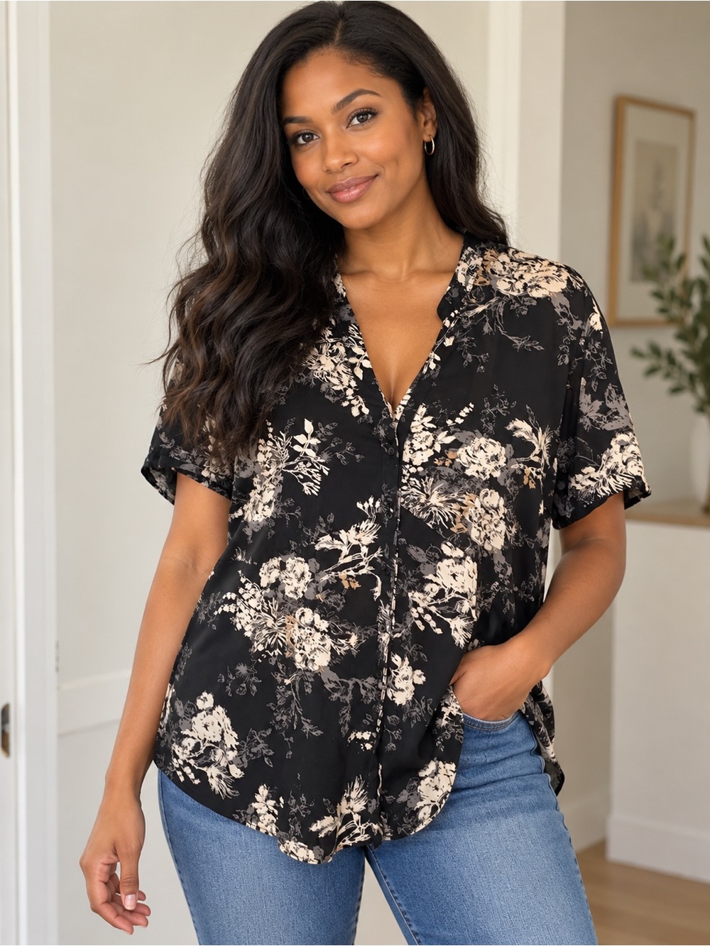 Reitmans Black Floral V-Neck Button Front Blouse